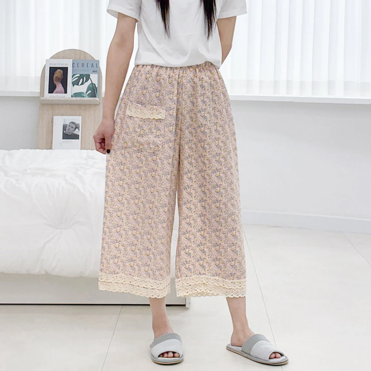 Kumika 冰霜色 花卉 人造絲 8分長褲 (6colors)