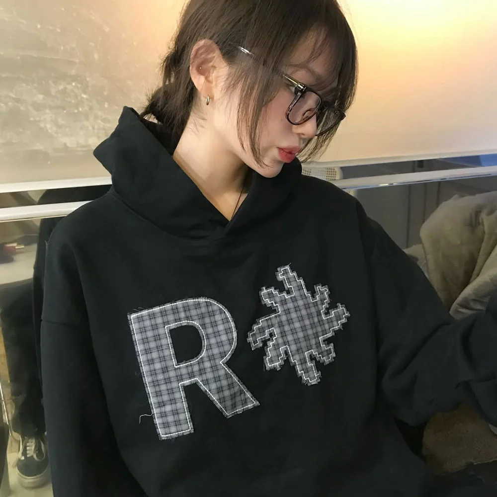 格紋 補丁 連帽衫_黑色