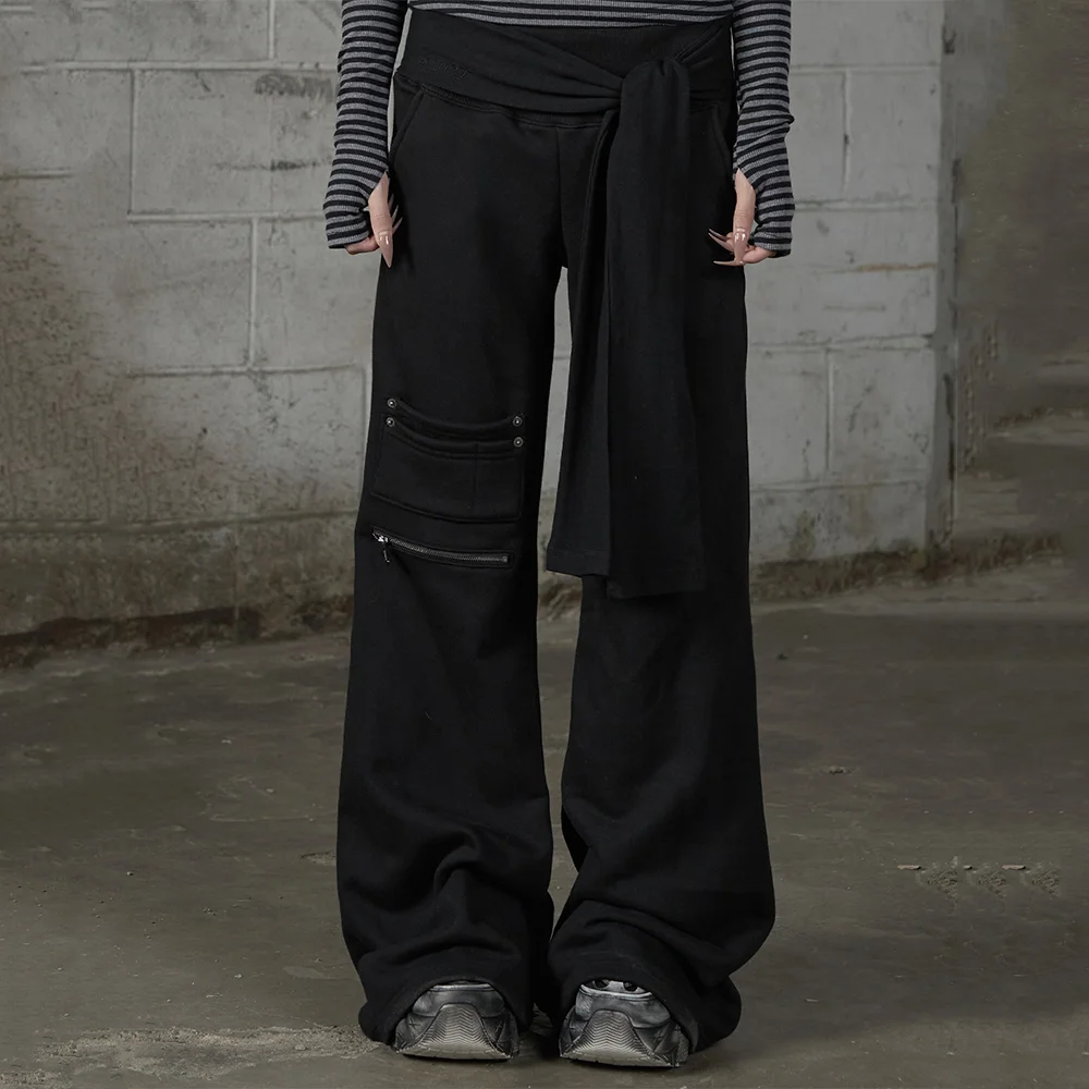 Belted Bootcut Sweatpants - BLACK