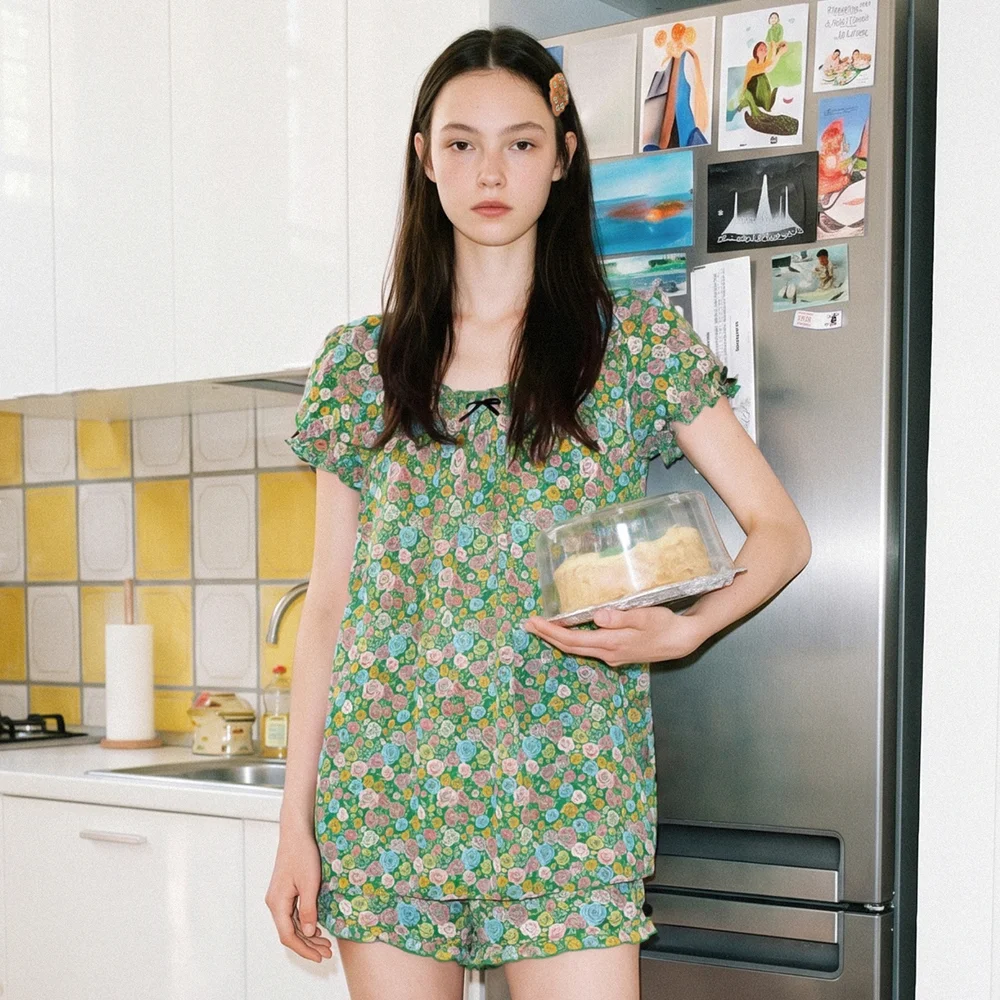 Ribbon Puff Pajama SET-UP (Green Mix)