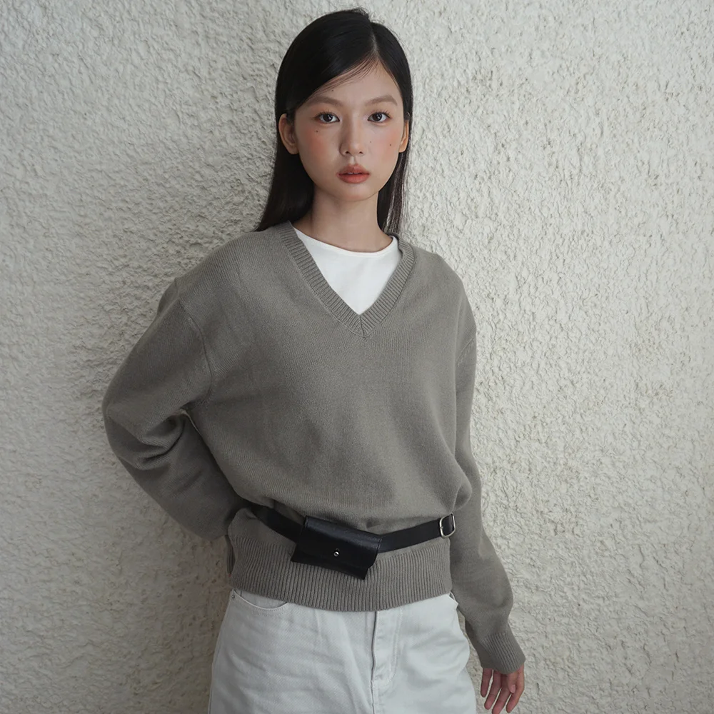 (woman) 必備款 V領 針織衫_Light khaki