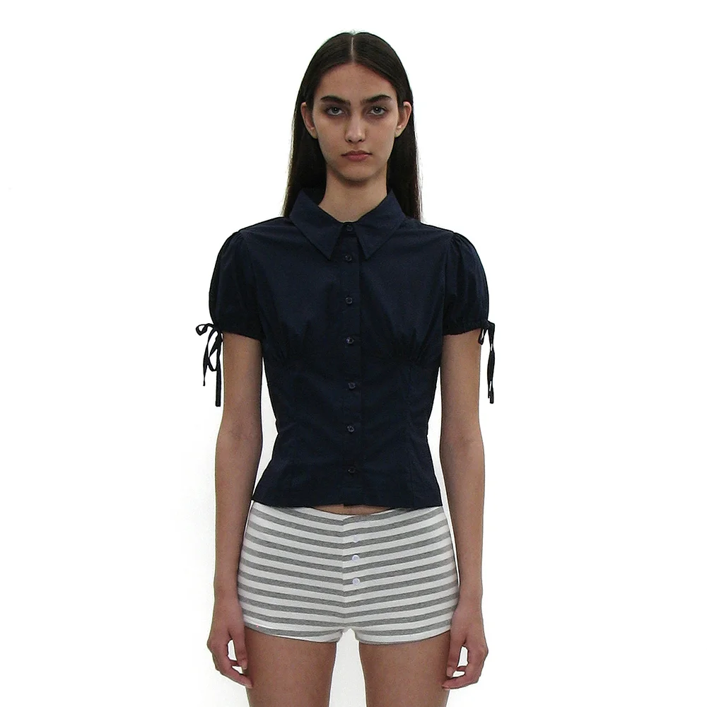 BOWTIE PUFF SLEEVE BLOUSE_NAVY
