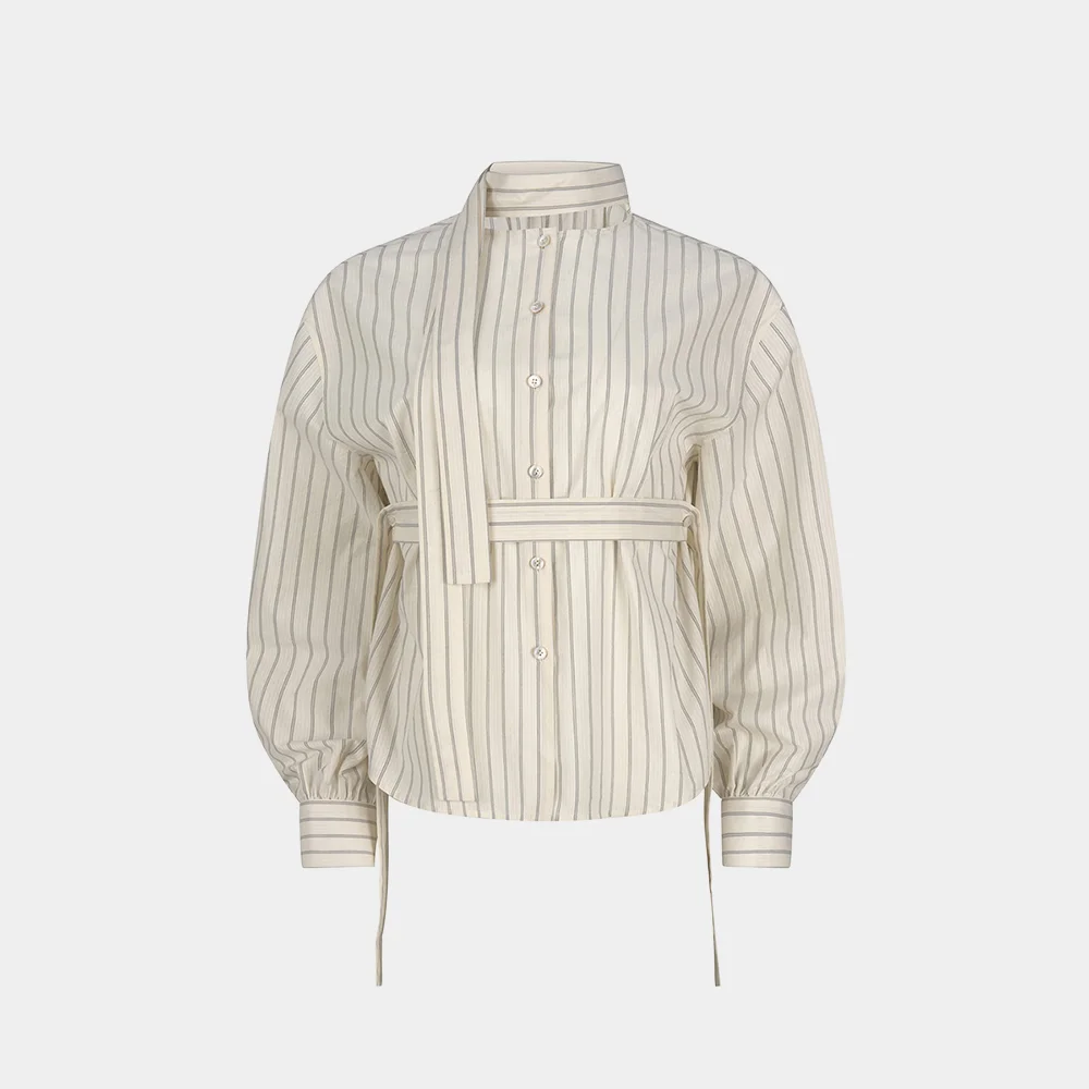 (W) STRIPED SCARF BLOUSE - IVORY
