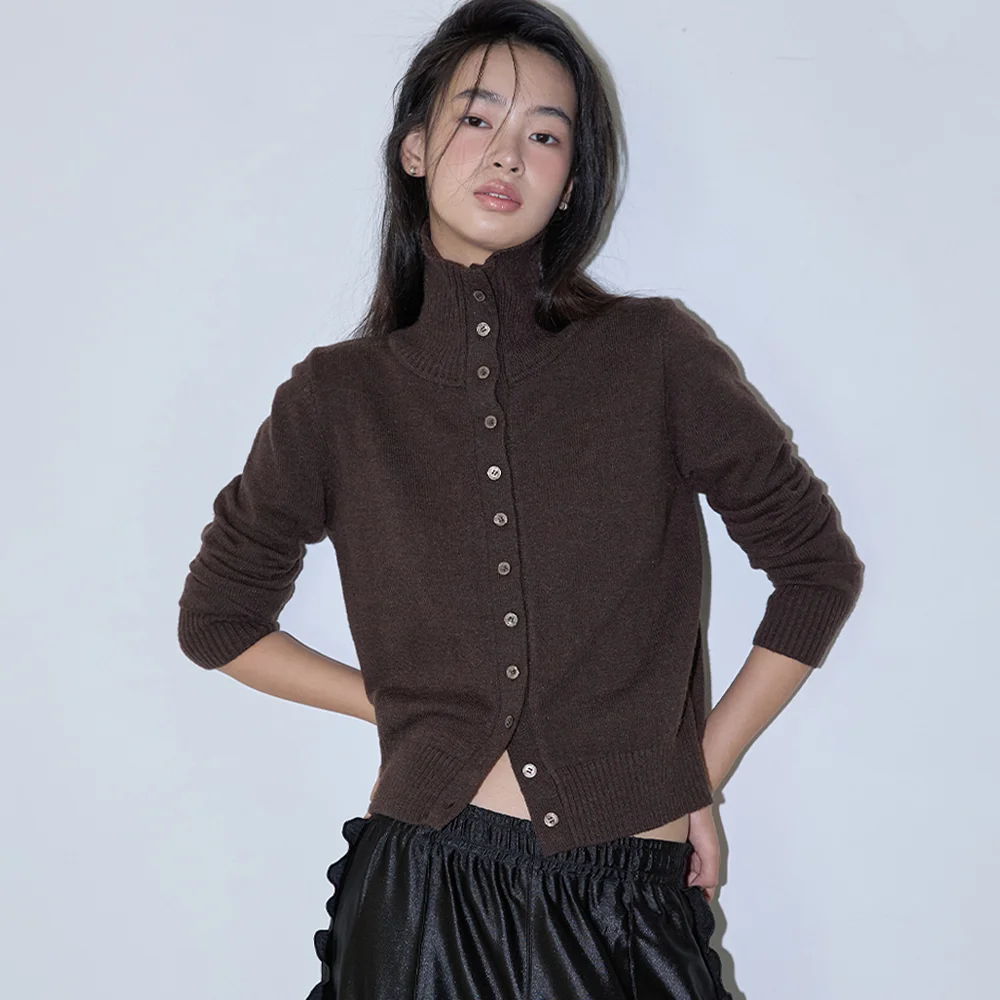 _HIGH NECK BUTTON CARDIGAN CHOCOLATE BROWN