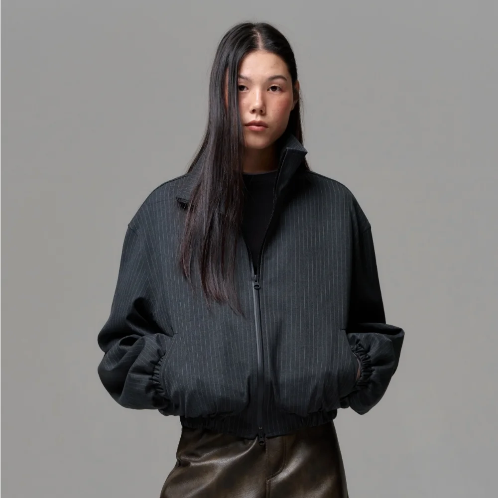 UNISEX PINSTRIPE HIGHNECK ZIP-UP BLOUSON - CHARCOAL GRAY