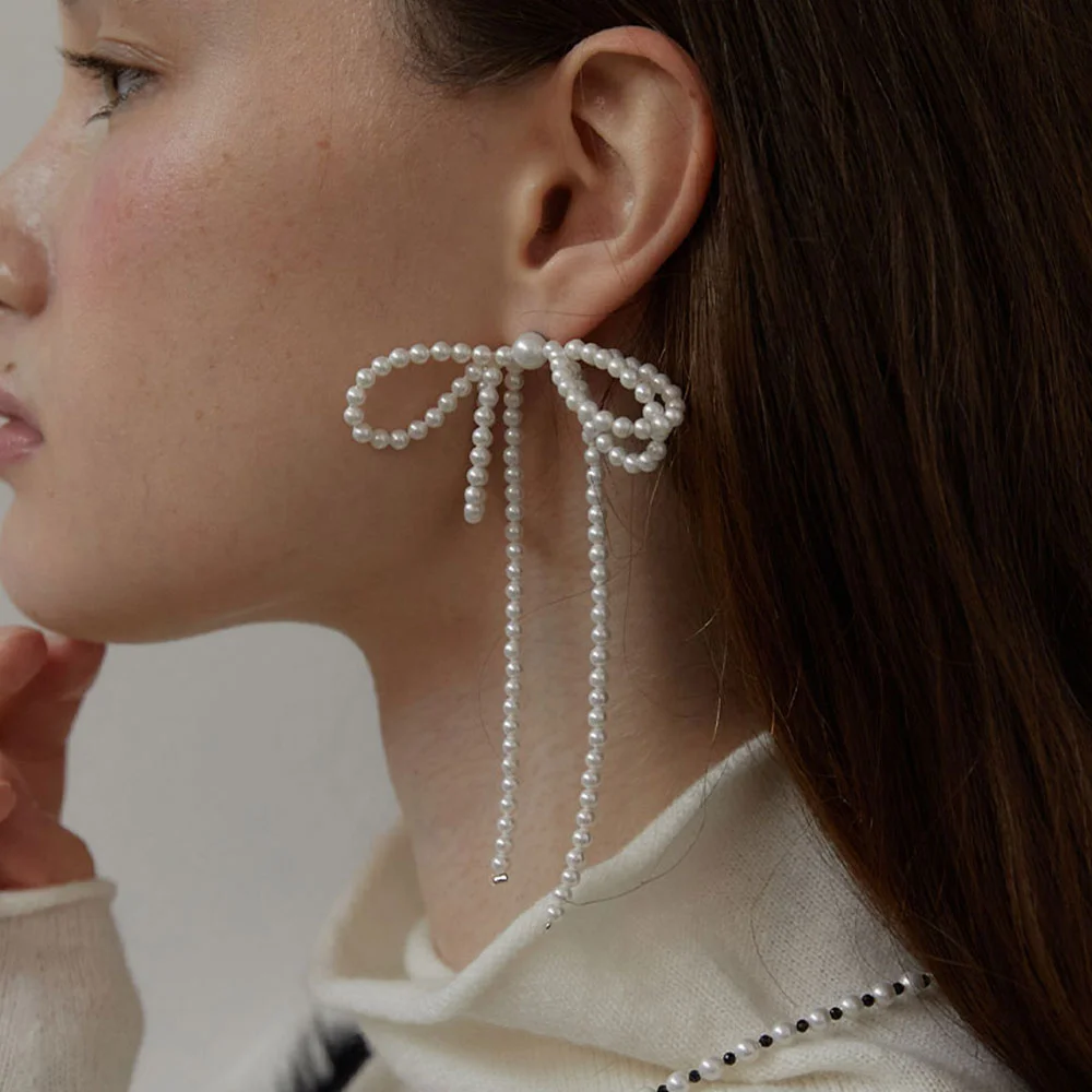 Double Pearl Ribbon Earrings (L244MER010)