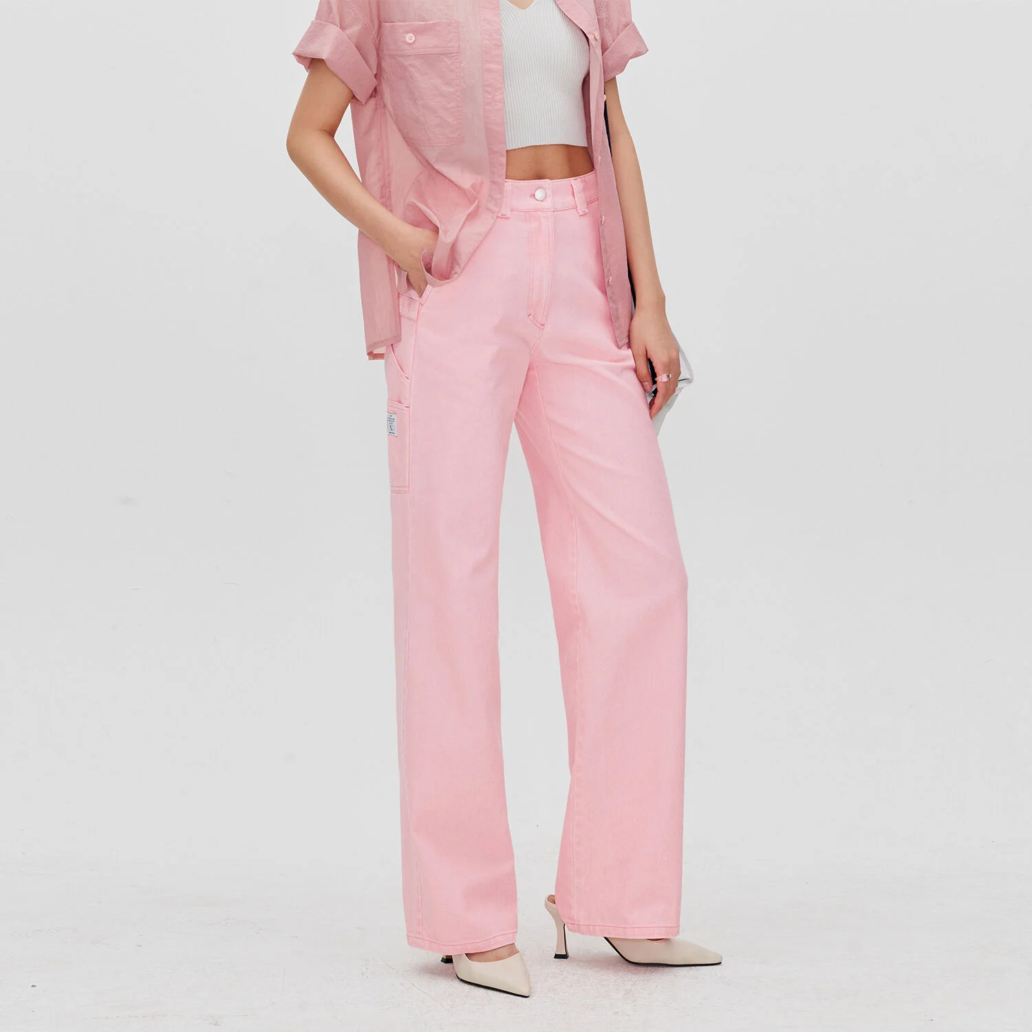 WIDE LEG WORK DENIM JEANS PASTEL PINK