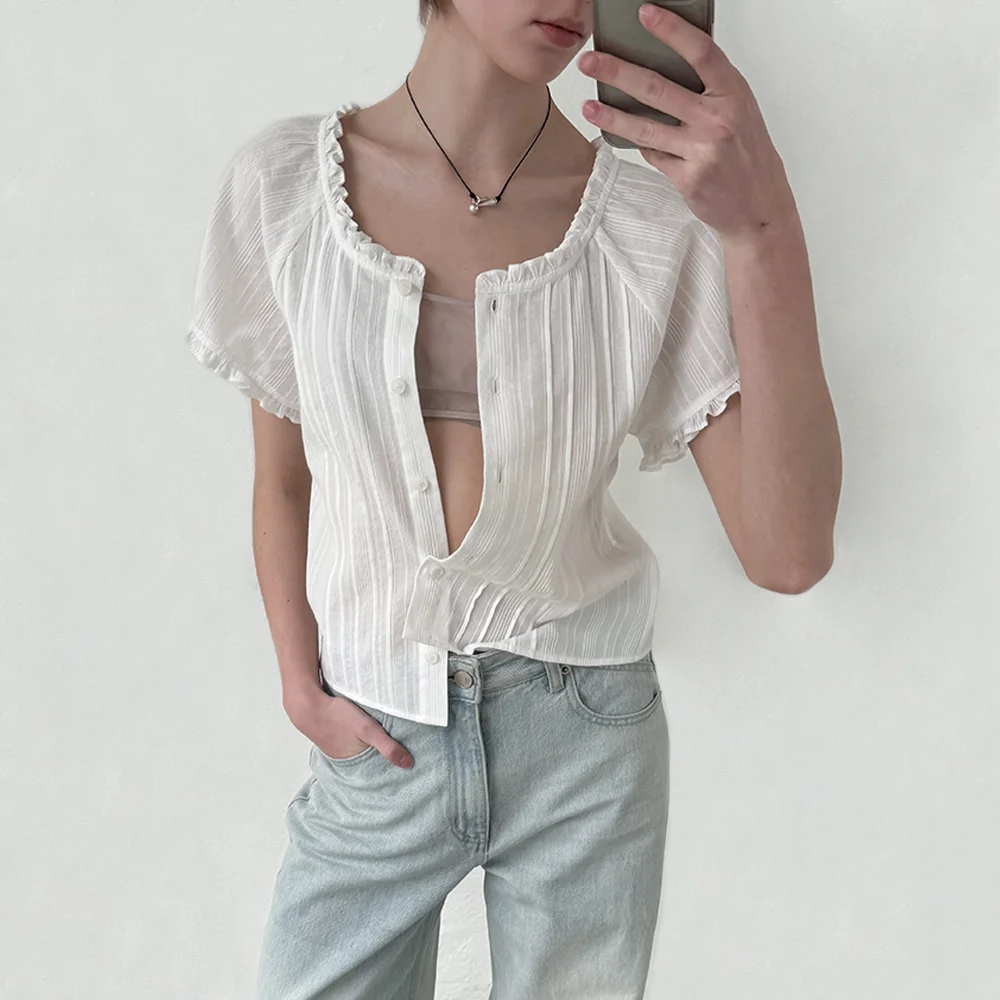 PINTUCK FRILL COTTON BLOUSE - WHITE