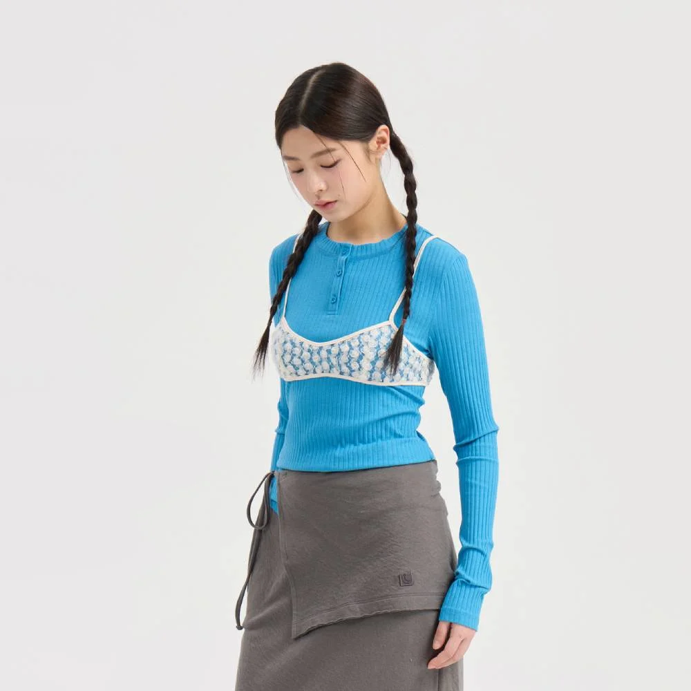 Chouetties by LUCKY CHOUETTE Henley Neck Ribbed Long Sleeve T-shirt (blue) LATAX26330BUX