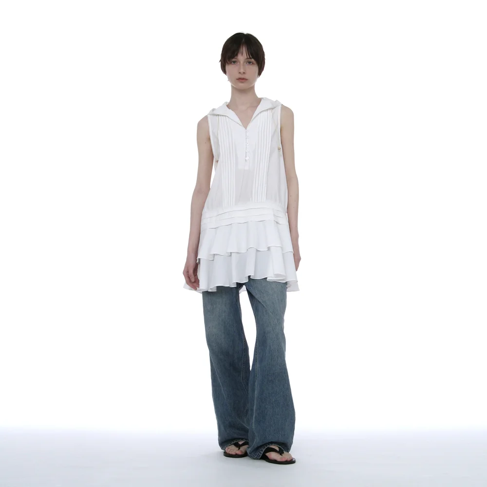 HOODED RUFFLE-HEM TUNIC DRESS_WHITE