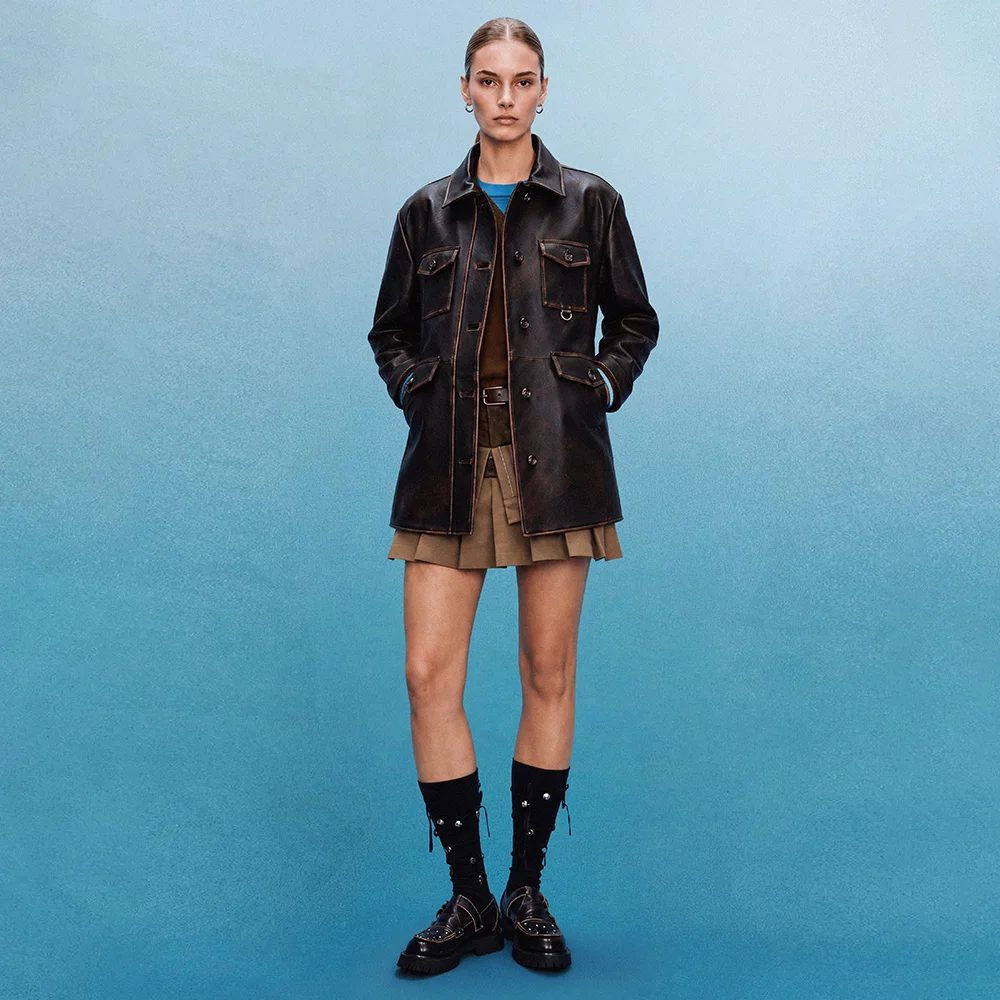 FUR COLLAR FIELD LEATHER JACKET (BROWN)