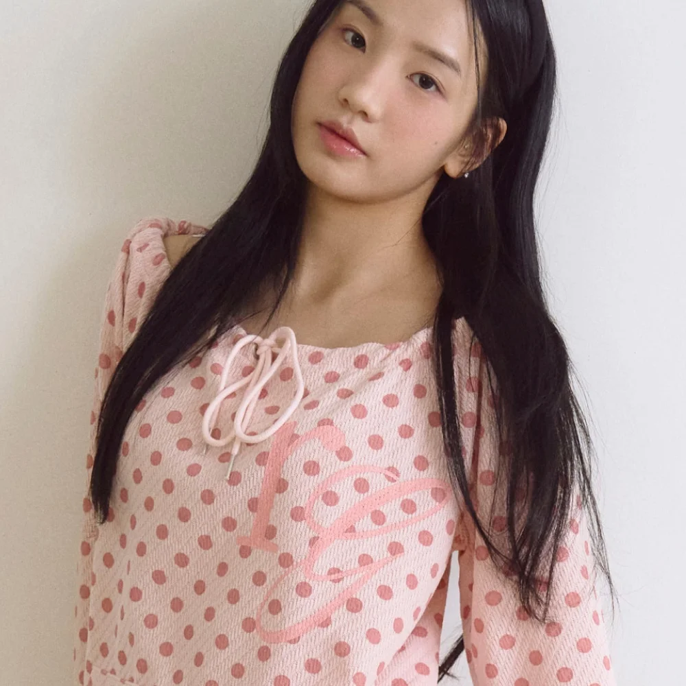 Dotted Pocket String Point Long Sleeve Pink
