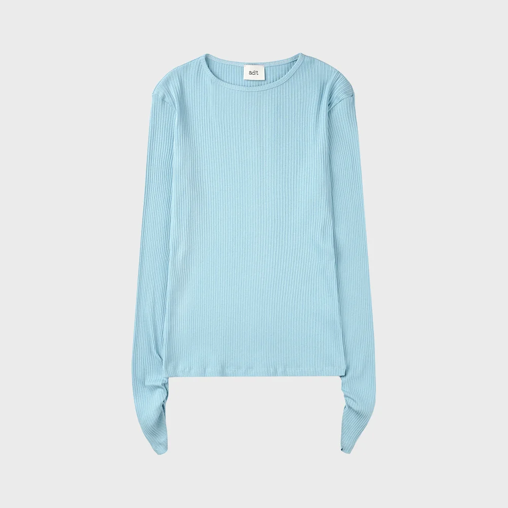 Ribbed long sleeves shirring tee_sky blue