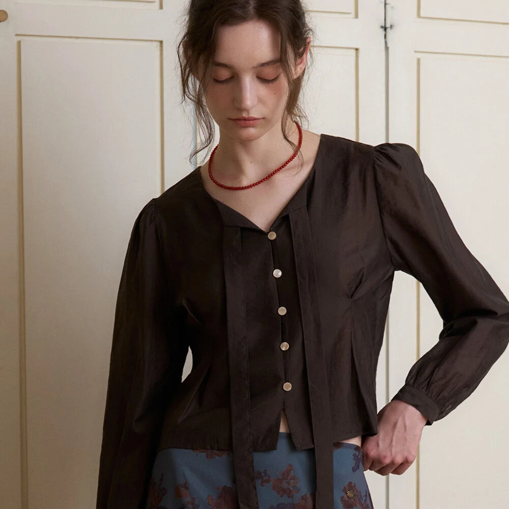 DOVA SOFT TIE_NECK BLOUSE 2COL_BROWN