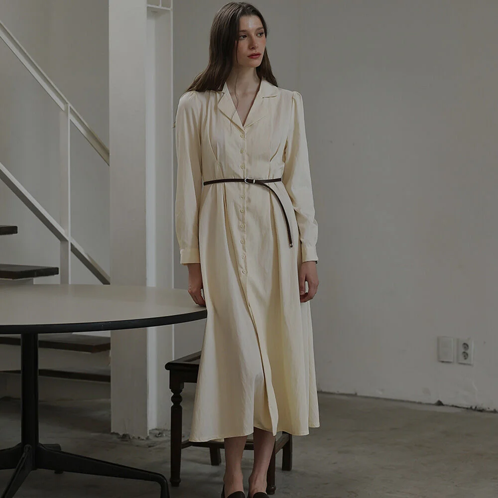 Classic Open Collar Long Dress