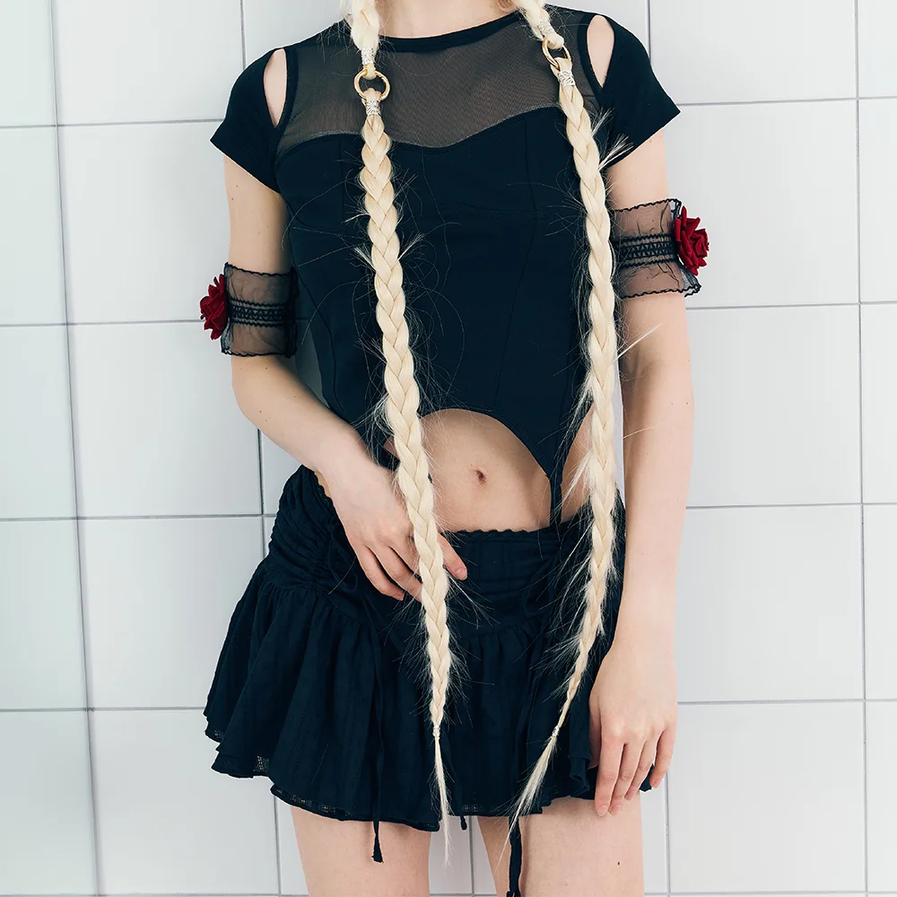 SHIRRING RUFFLE LACE MINI SKIRT BLACK