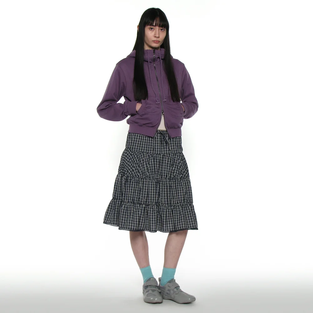 PWC LACE TRIM TIERED MIDI SKIRT_NAVY CHECK