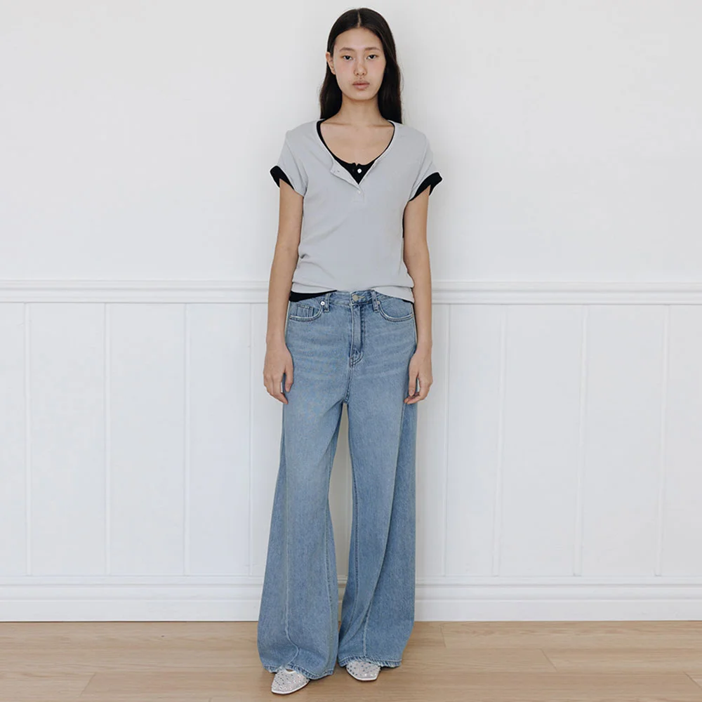 Line Wide Denim Pants(Mid Blue)