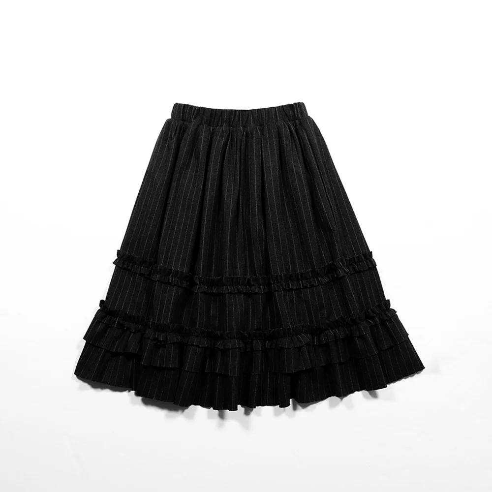 WOOL FRILL MIDI STRIPE SKIRT - BLACK