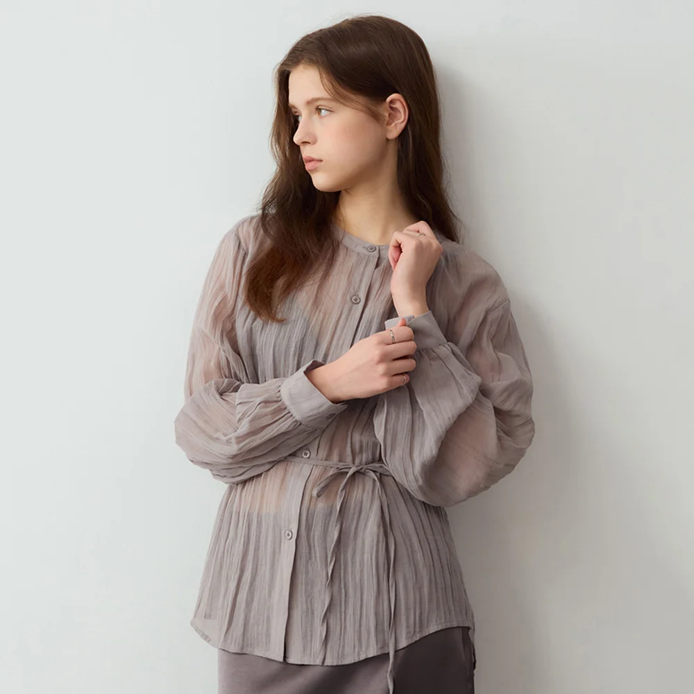 Wrinkle see through belted blouse - grey
