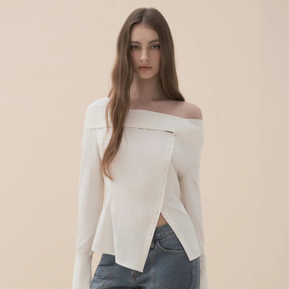 Asymmetric 2-Way Off-Shoulder Tie Blouse - Cream