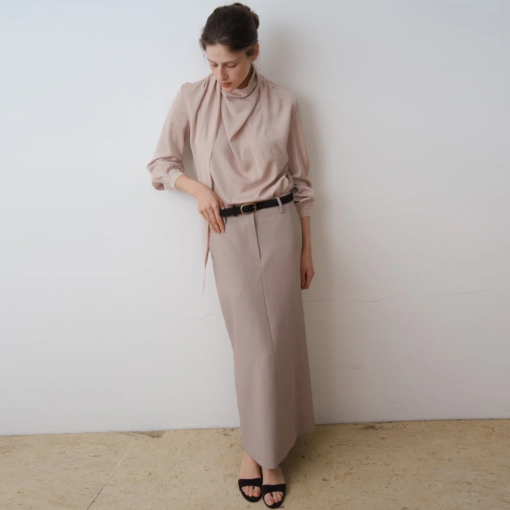 SIGNATURE STITCH STRAIGHT SKIRT_BEIGE