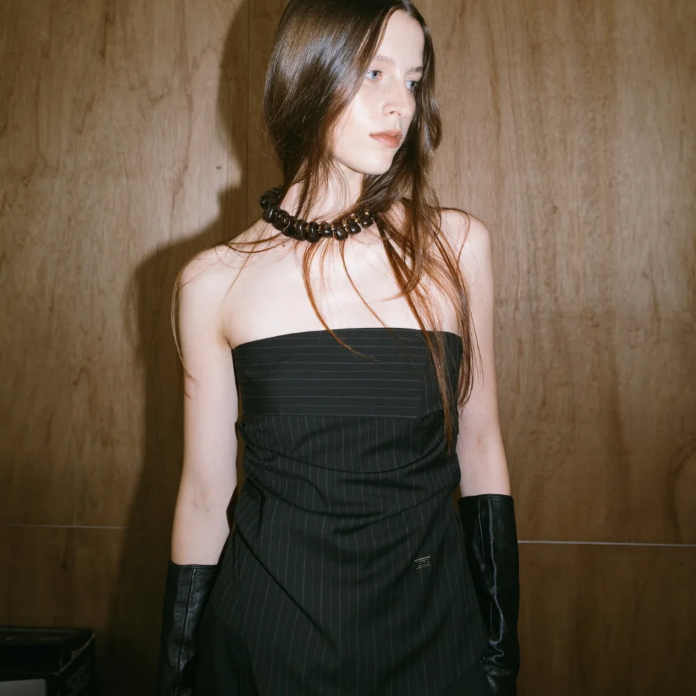 STRIPE SHIRT TUBE TOP_BLACK