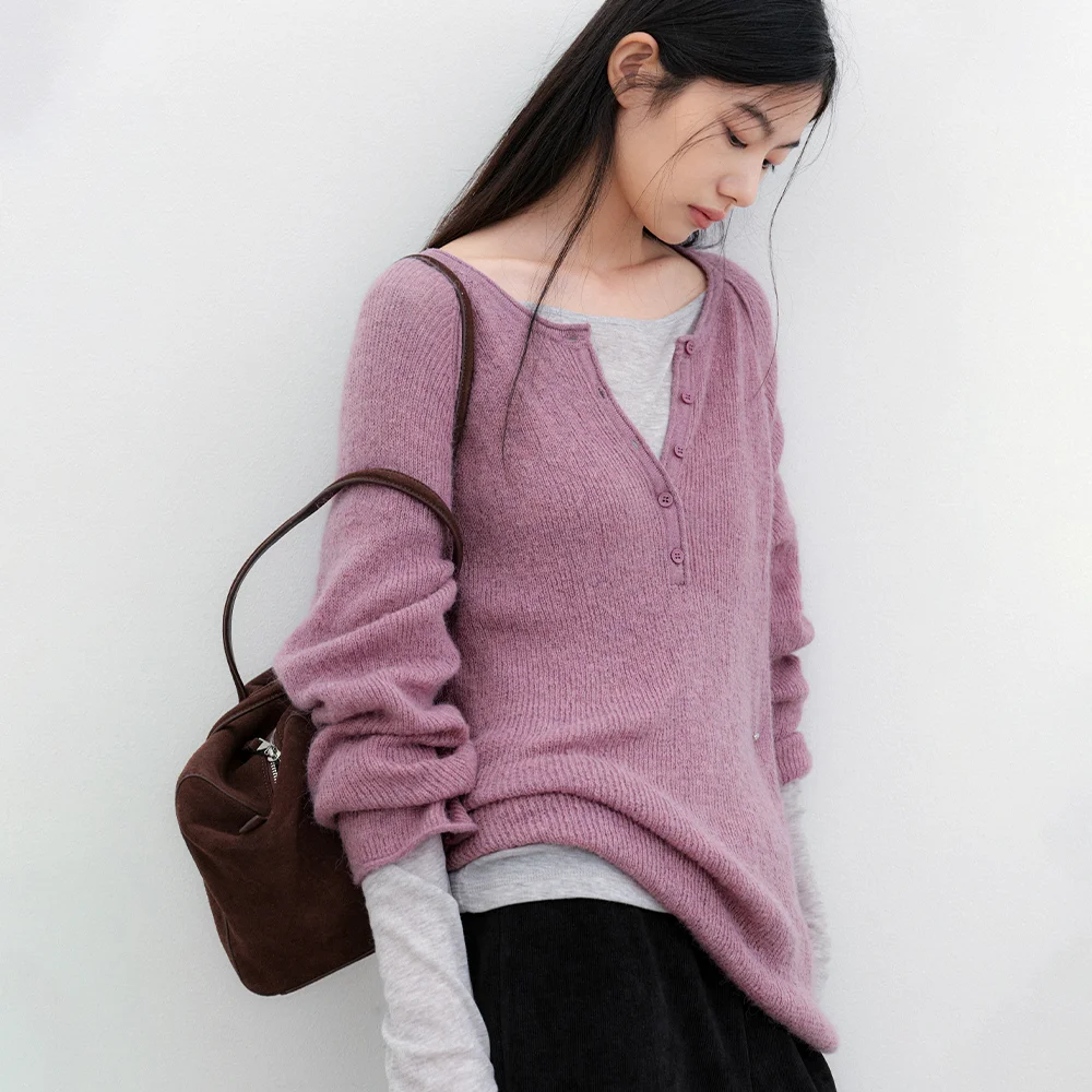 (T-7306)SHEER HENLEY NECK KNIT