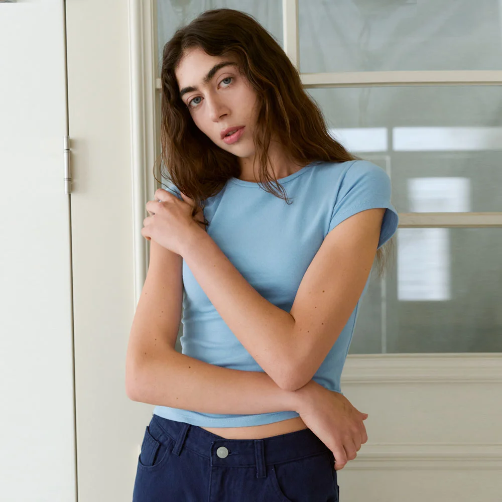 Cap Sleeve Slim T-Shirts (Sky Blue)