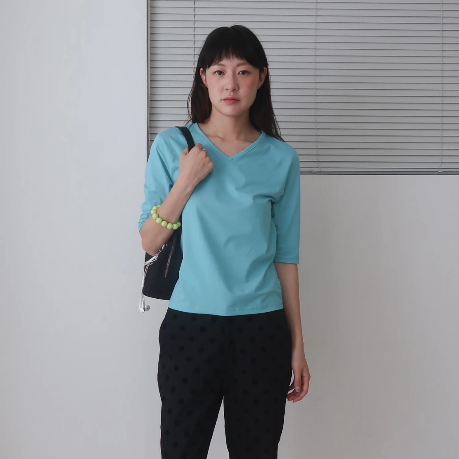 V-NECK MID SLEEVE T-SHIRT_AQUA