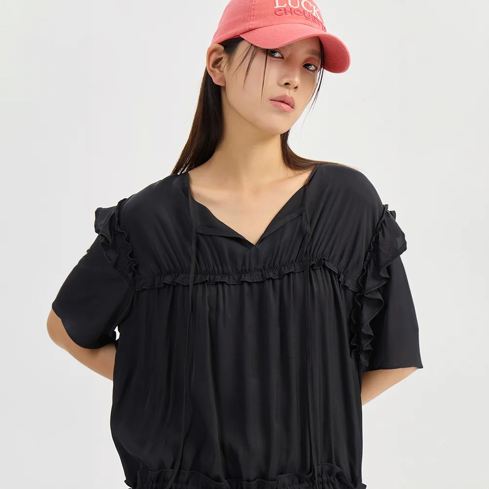 Shoulder Ruffle Short Sleeve Blouse (black) LFSAM26410BKX