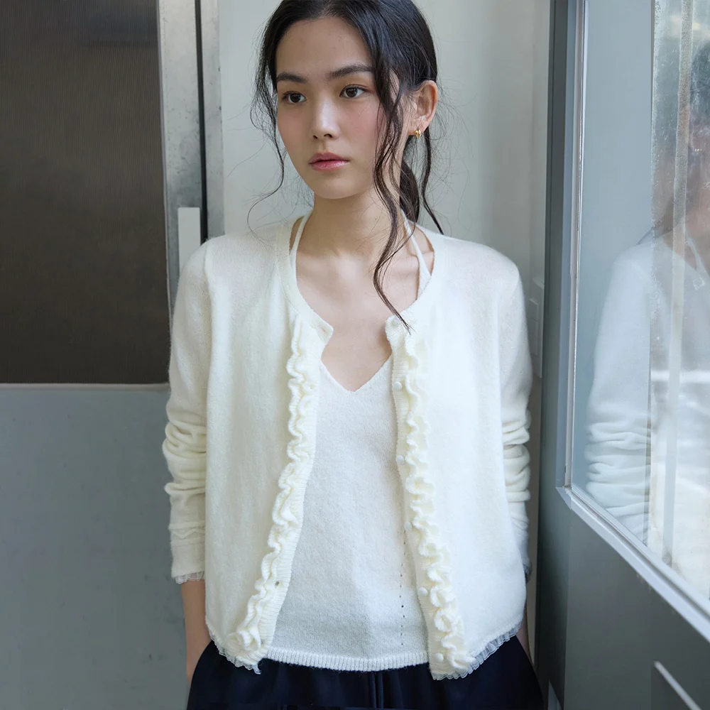 Lace Ruffle Cardigan Set Ivory