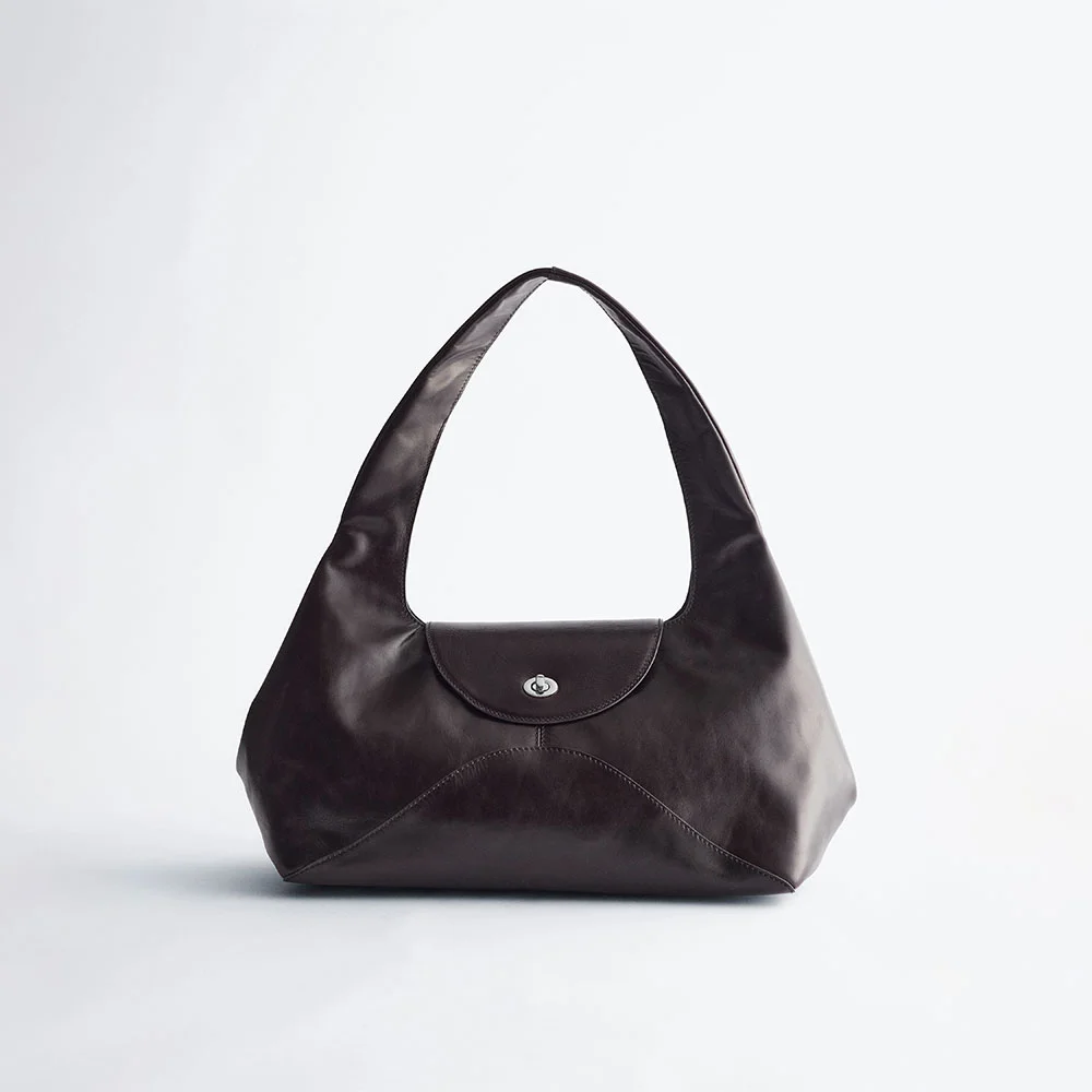 弧形 皮革 單肩袋 (Dark Brown Leather)
