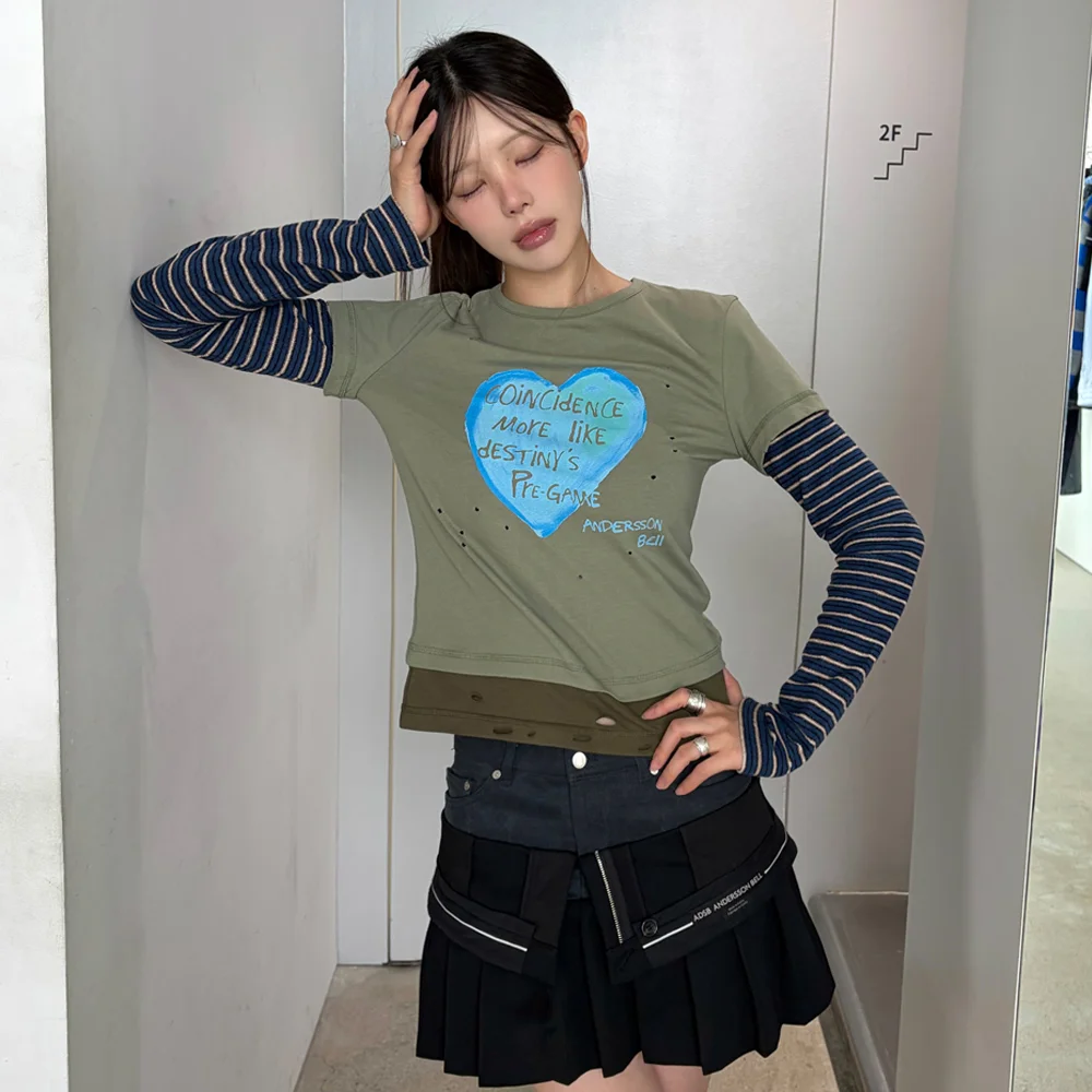 LAYERED HEART MESSAGE LONG SLEEVE T-SHIRT (KHAKI)