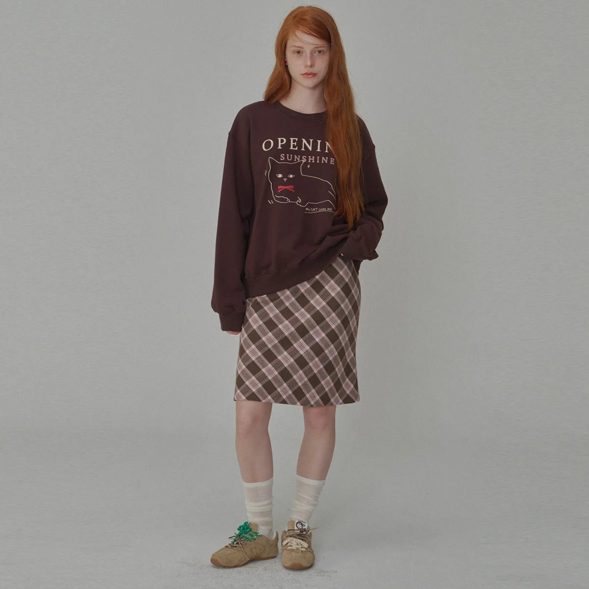 Oblique Check Patterned Midium Skirt_Brown