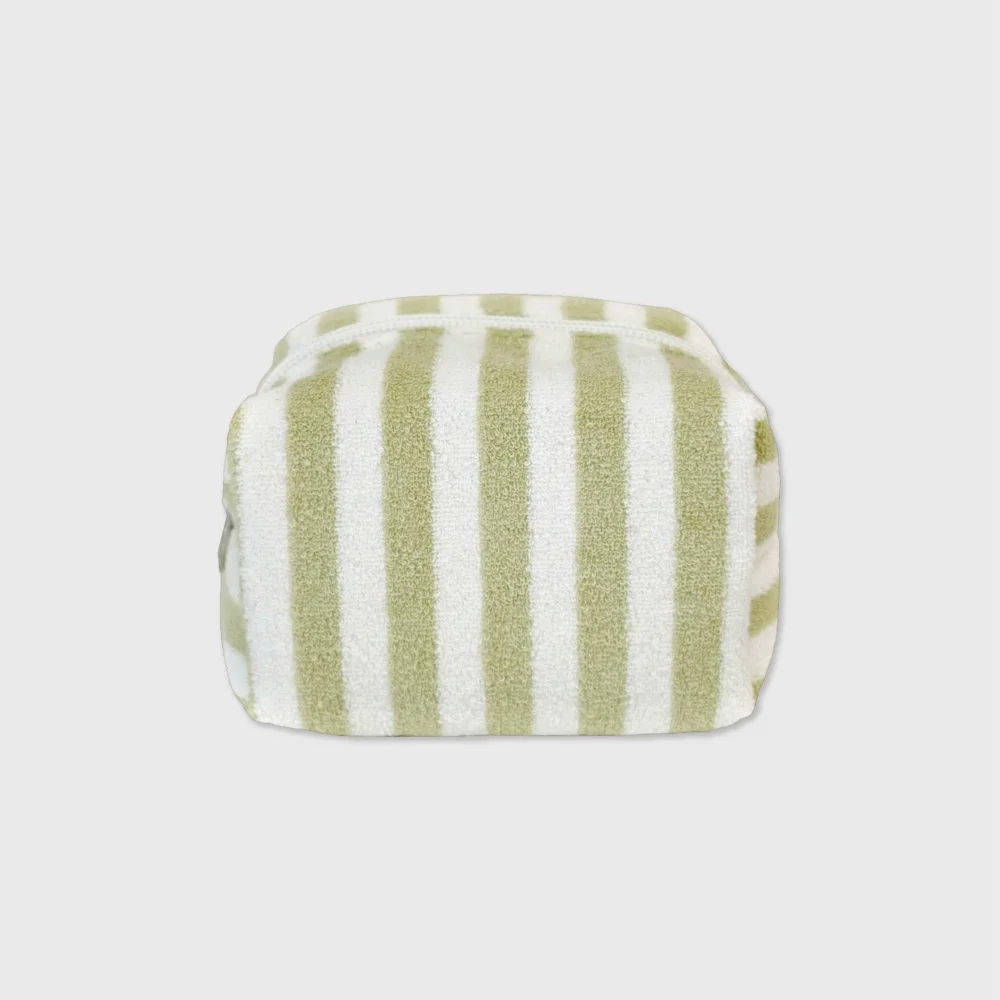 條紋 毛圈布 化妝袋 (橄欖米色, S/L)