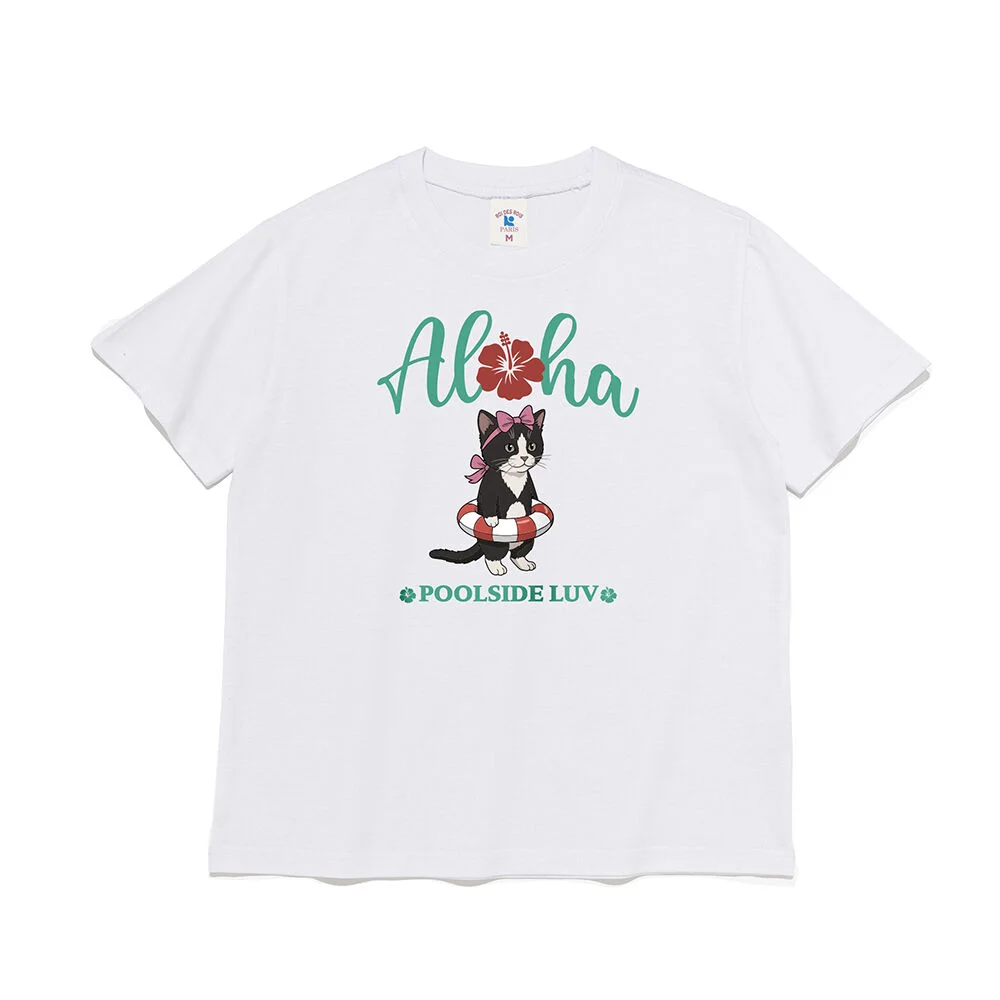 Aloha 海灘 貓跟 貓 圖案 女裝 短袖T恤 (白色)