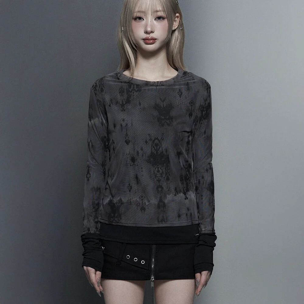 Sheer Double Rib Long Sleeve Top (Black)