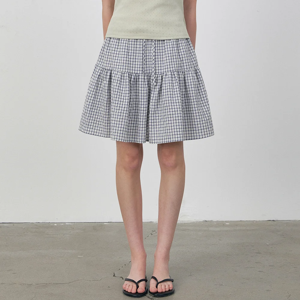 Crinkle check pattern tiered midi skirt_Blue