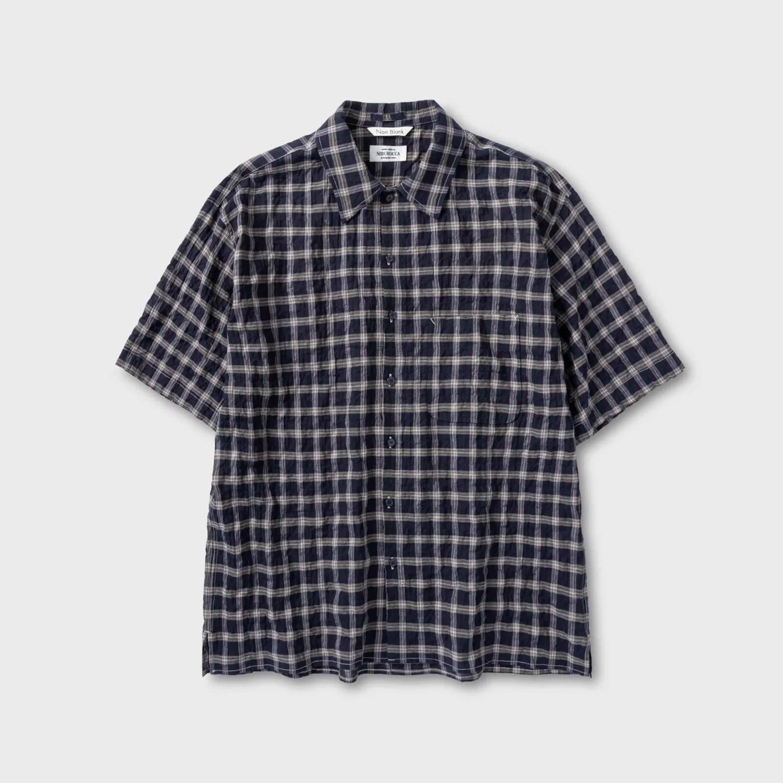 皺褶 格紋 半 衣袖 襯衫_NAVY