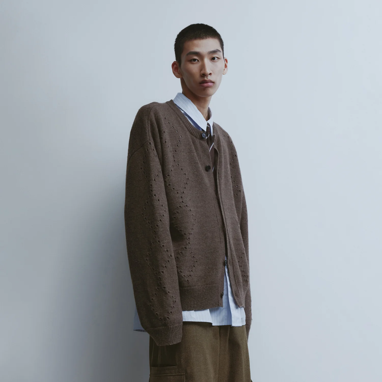 Argyle Punching Knit Cardigan - Brown