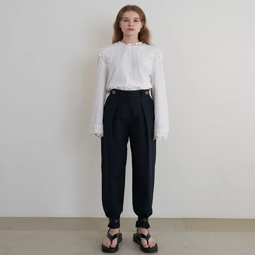Linen Blend Tuck Pants (Navy)