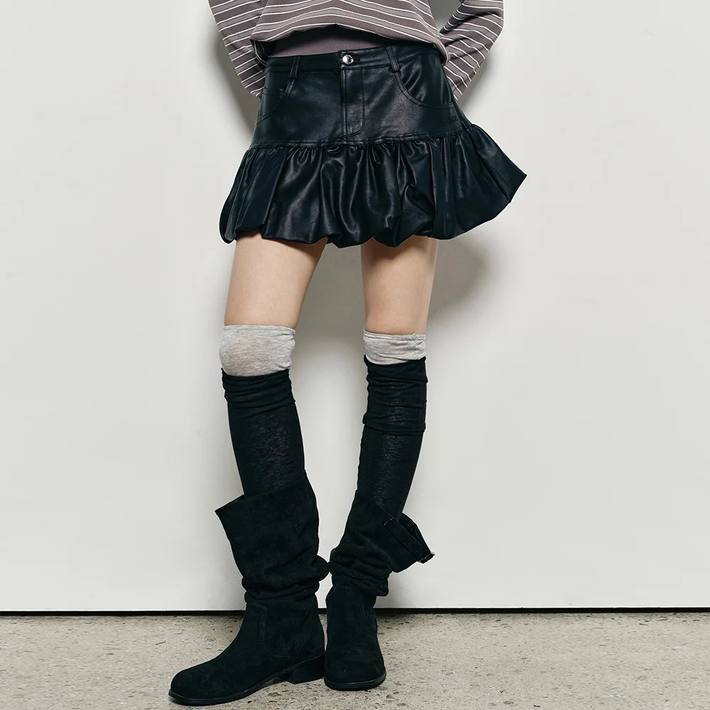 BALLOON LEATHER MINI SKIRT_BLACK