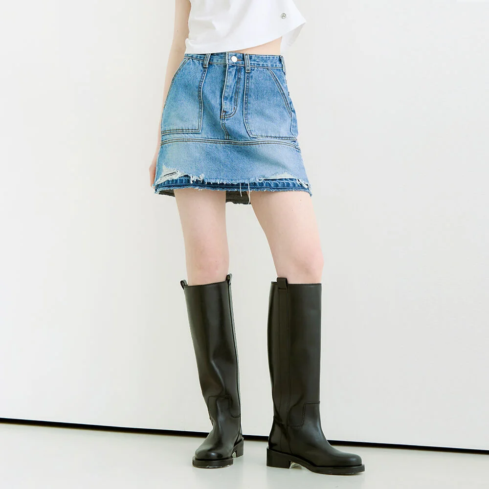 Tear vintage damage denim mini skirt - blue