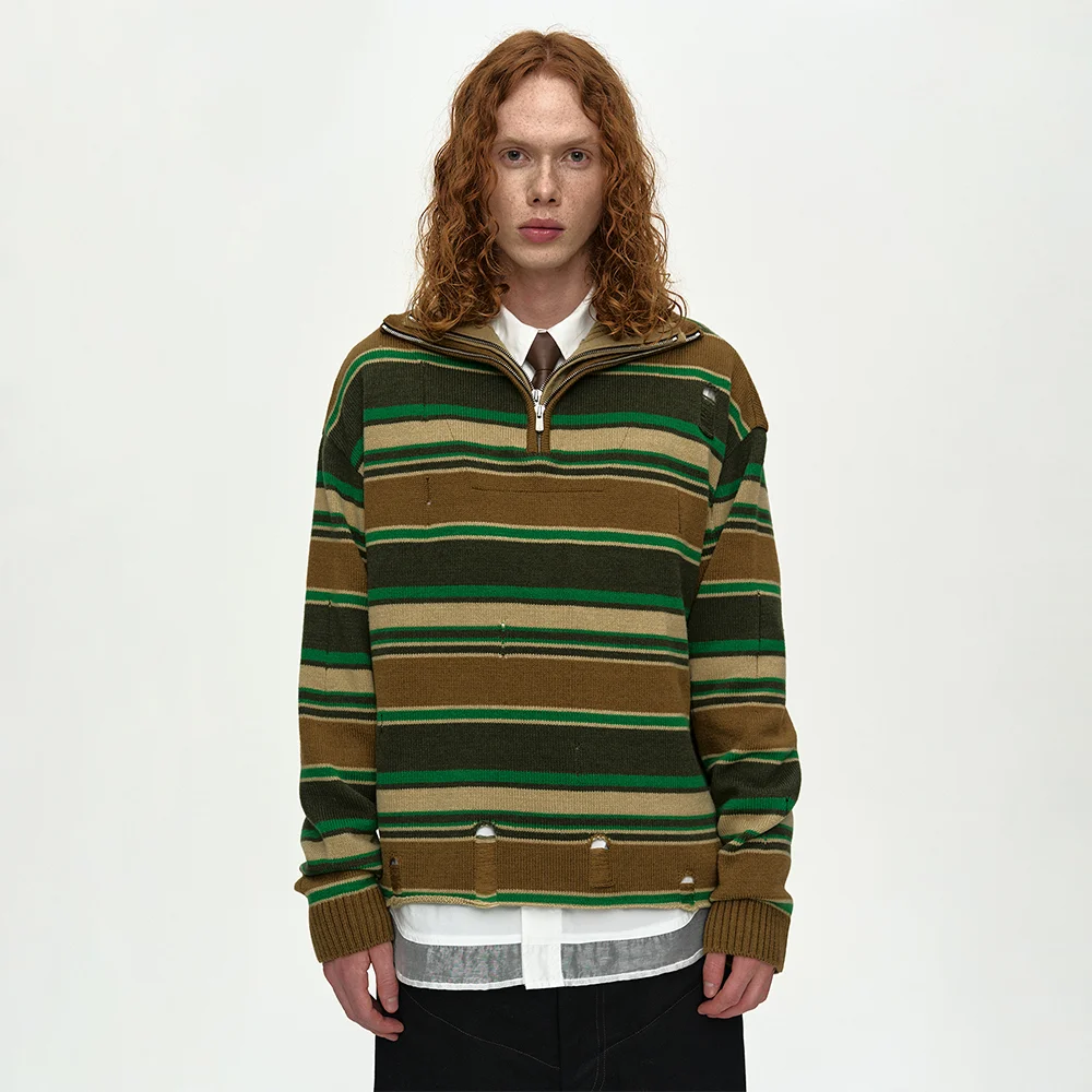 DOUBLE LAYERED STRIPE HALF ZIP-UP SWEATER atb1451m(BEIGE/BROWN)