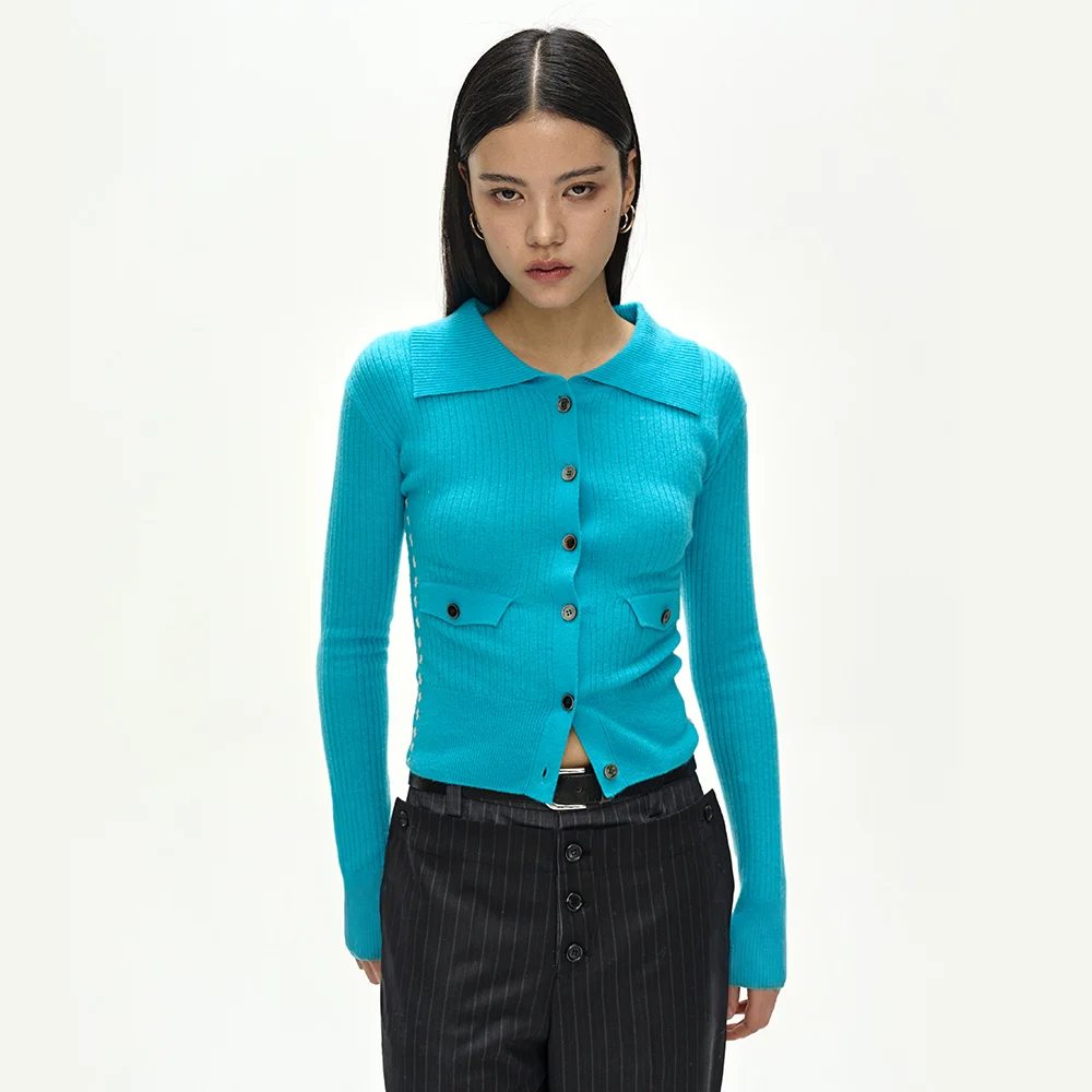 CASHMERE HAND STITCHED RIB CARDIGAN (BLUE)
