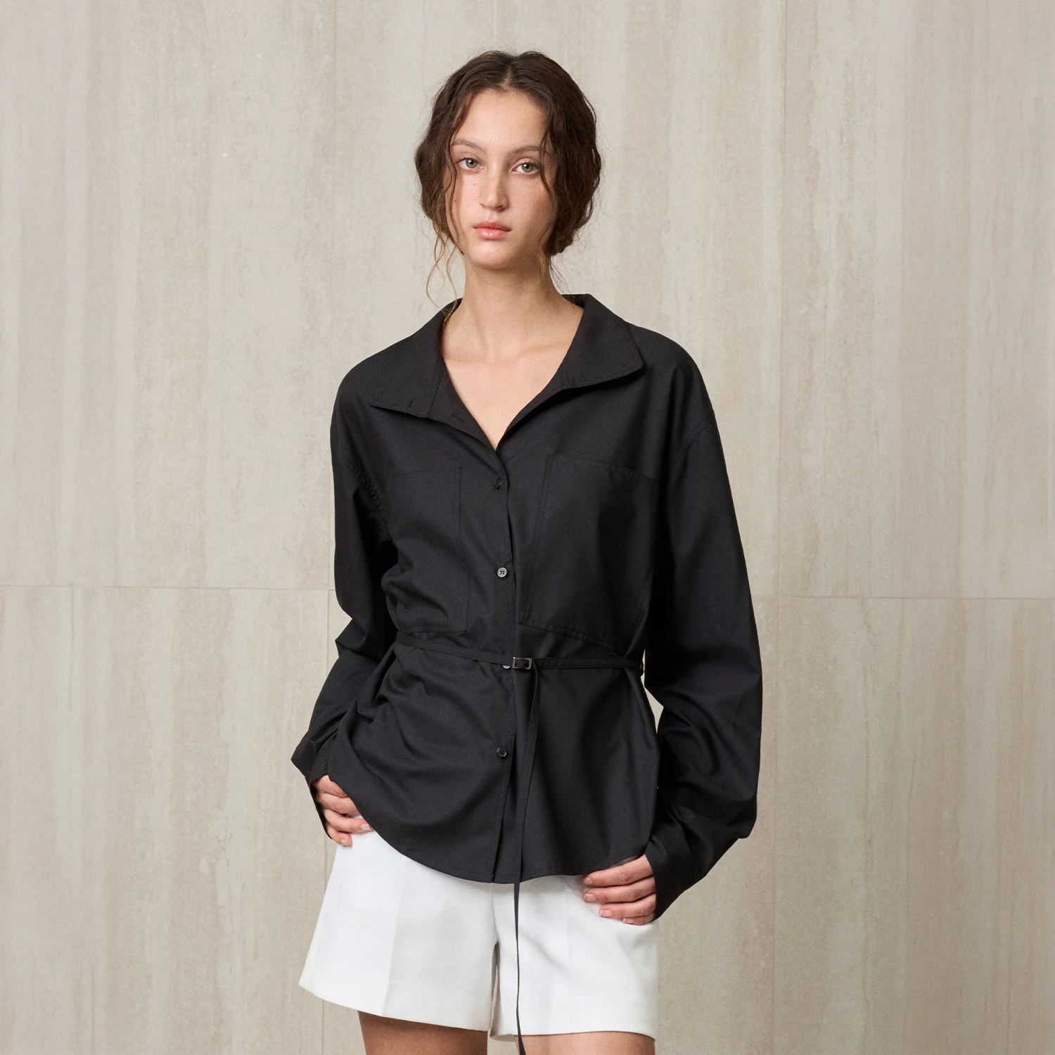 FUNNEL NECK BELTED BLOUSE BLACK