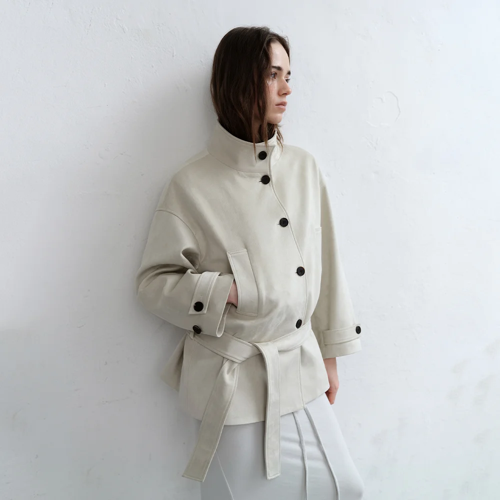 SUEDE HIGH NECK BELT COAT