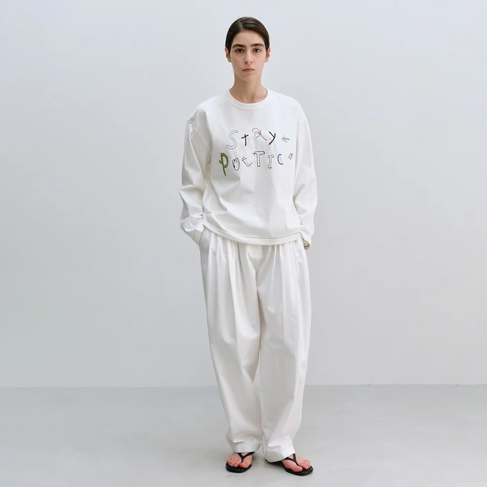 Cotton Volume Tuck Pants in Ivory