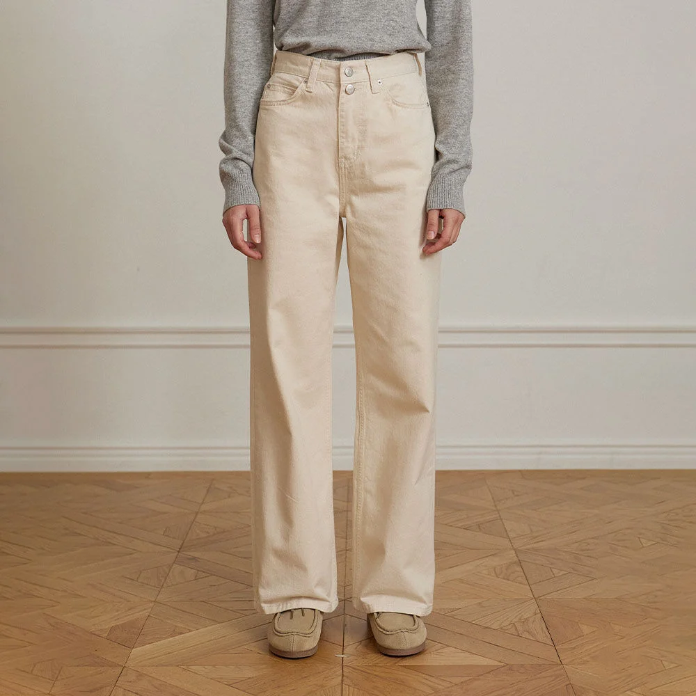 Button Detail Semi Wide Jean - Cream